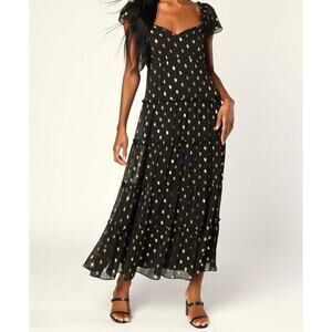 Lulus Polka Dot Maxi Dress Small Black Ruffle Strap Tiered Sweetheart Neckline